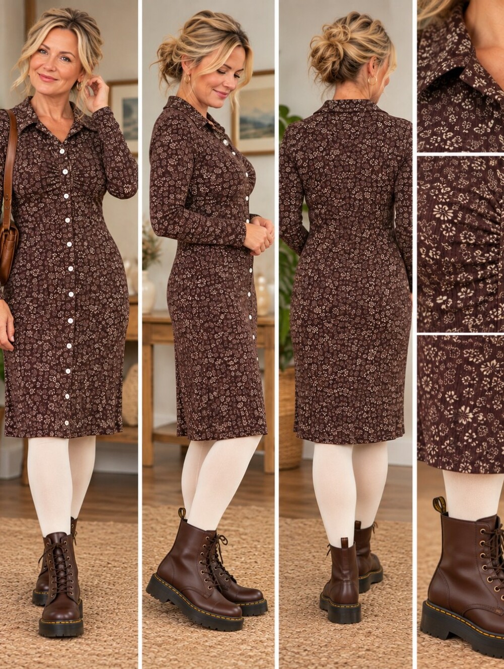 American Eagle Floral Ribbed Stretch Button Front Dress Brown Medium M